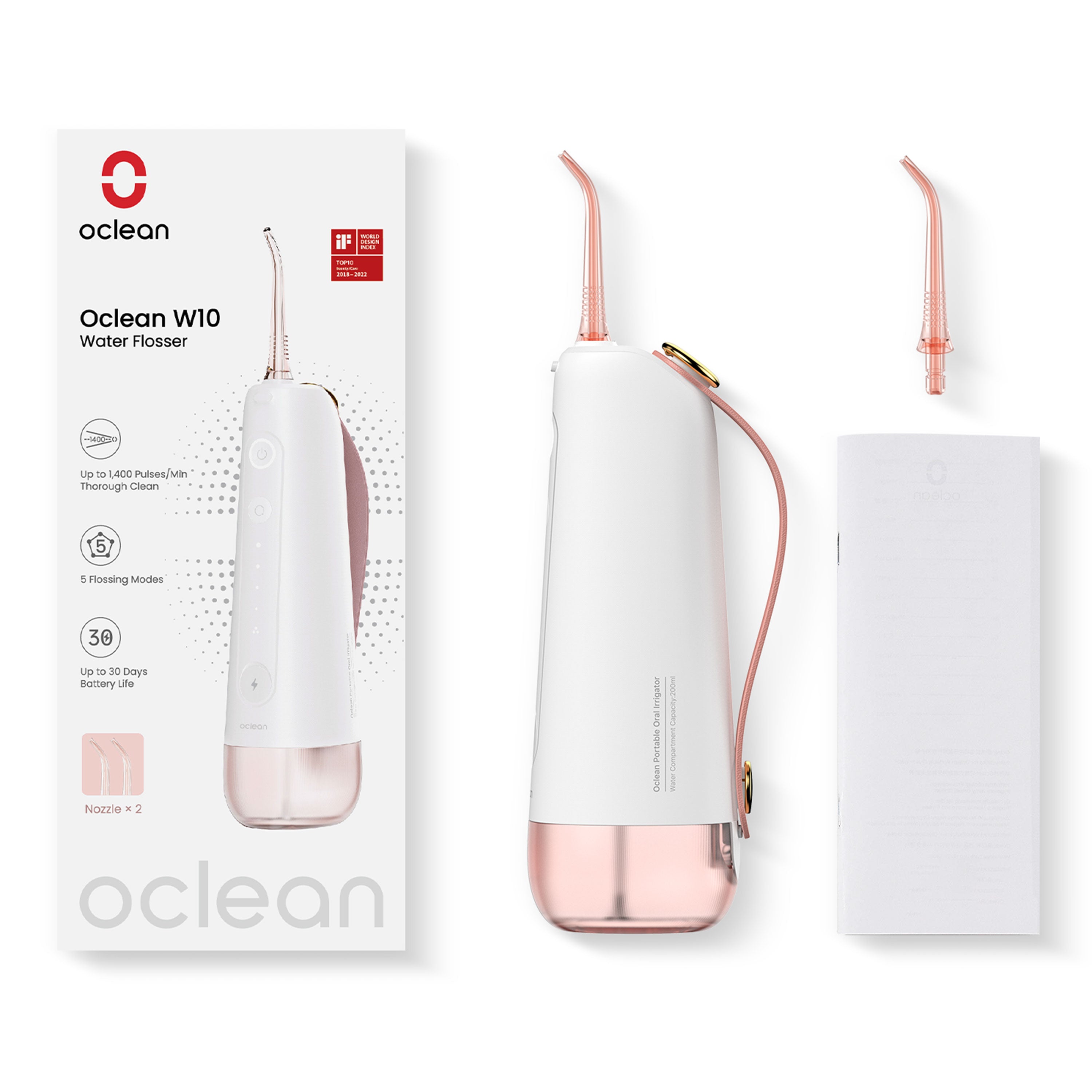 Oclean W10 - Water Flosser - 5 Verschillende Flos Mogelijkheden - Lange Batterij Duur - 200 ML - Roze - C02000016