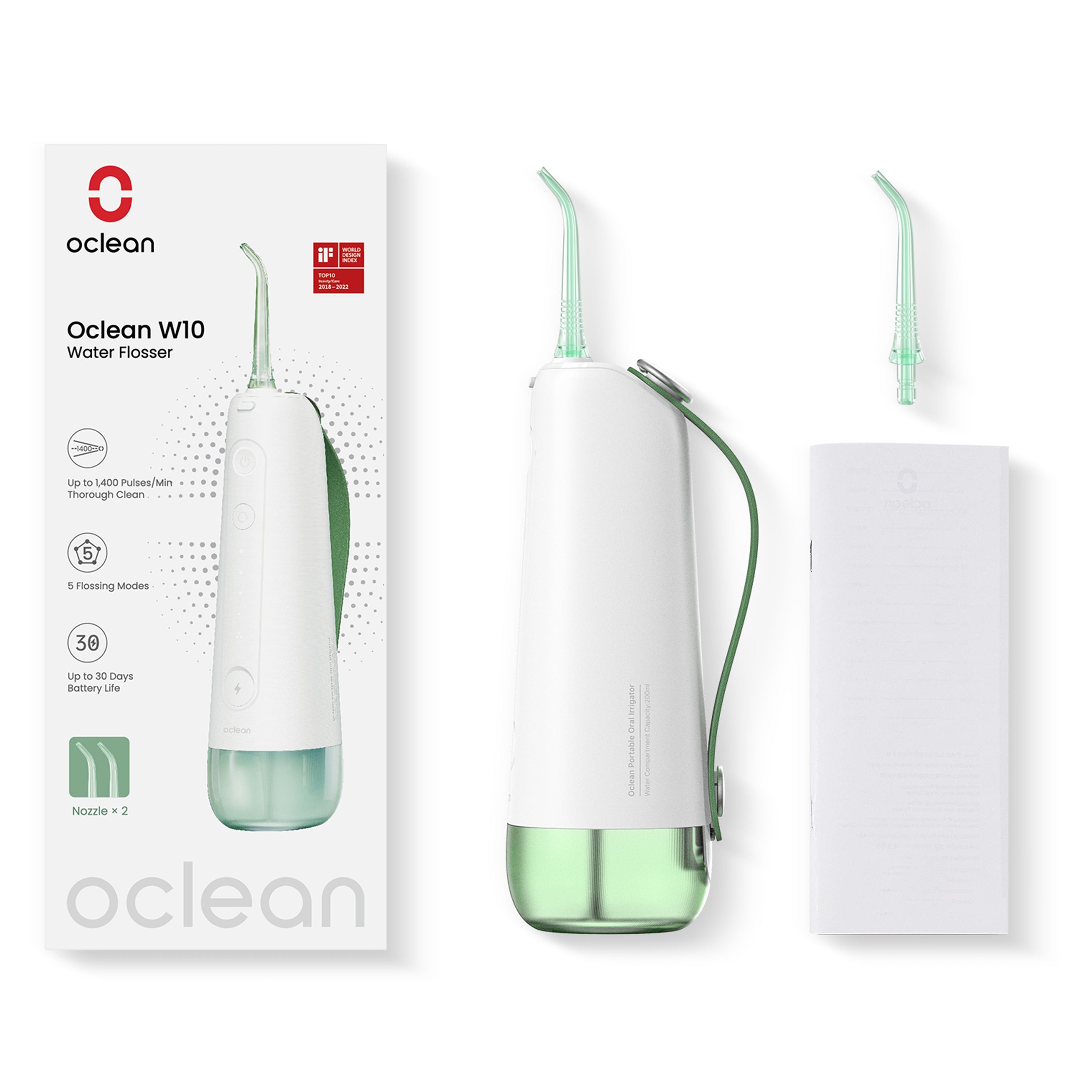 Oclean W10 - Water Flosser - 5 Verschillende Flos Mogelijkheden - Lange Batterij Duur - 200 ML - Groen - C02000017