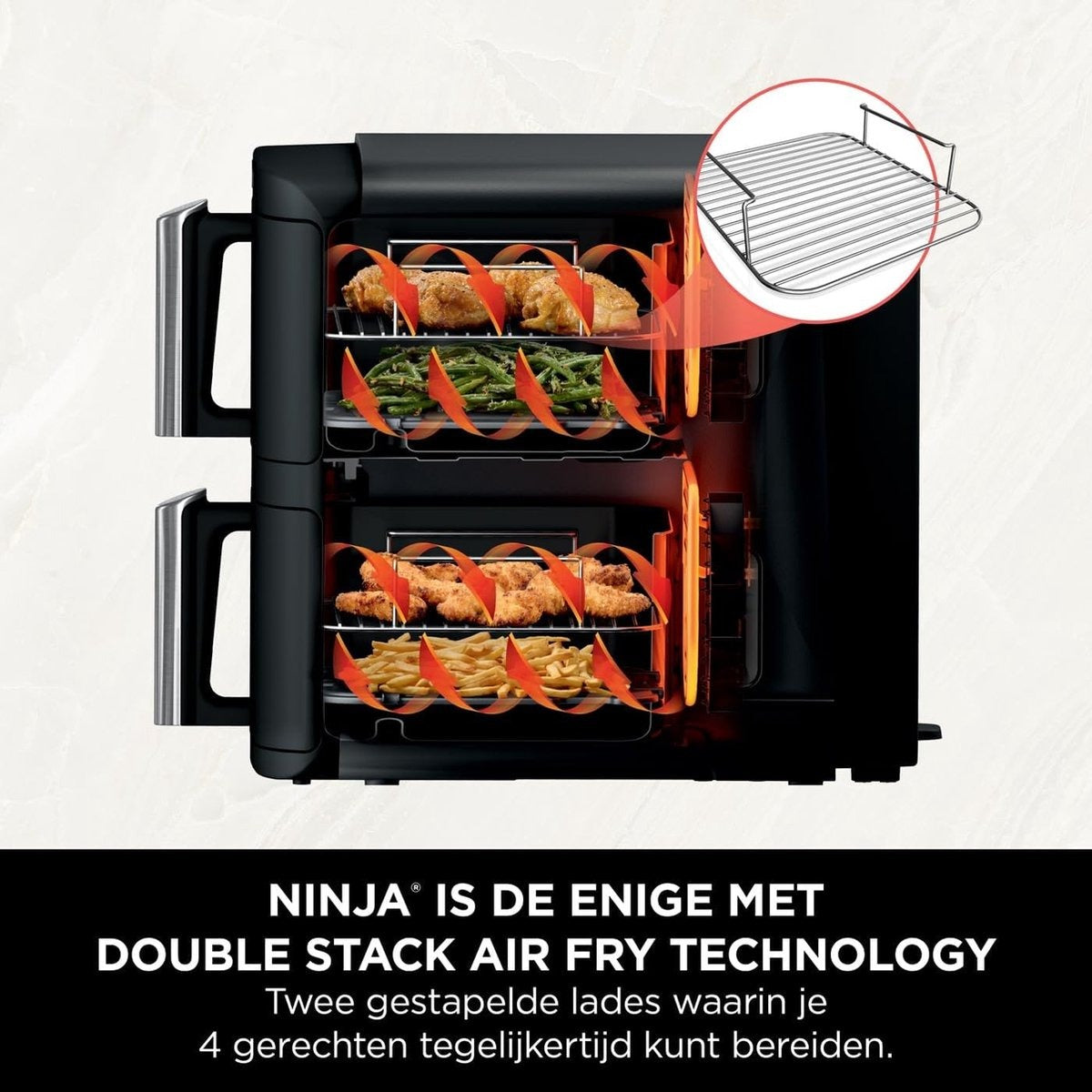 Ninja Double Stack Airfryer XXL - 7.6 Liter - Dubbele Gestapelde Lades - 6 Programma's - Inclusief 2 Kookrekjes - SL300EU
